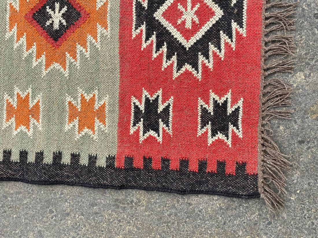 Handwoven Wool Jute Kilim Runner Geometric Dhurrie Rug