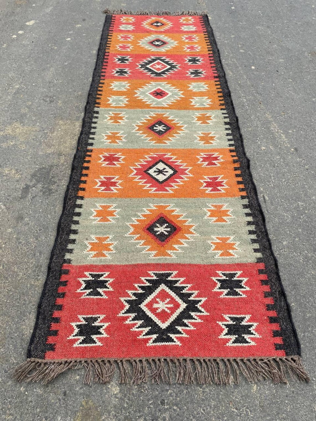 Handwoven Wool Jute Kilim Runner Geometric Dhurrie Rug