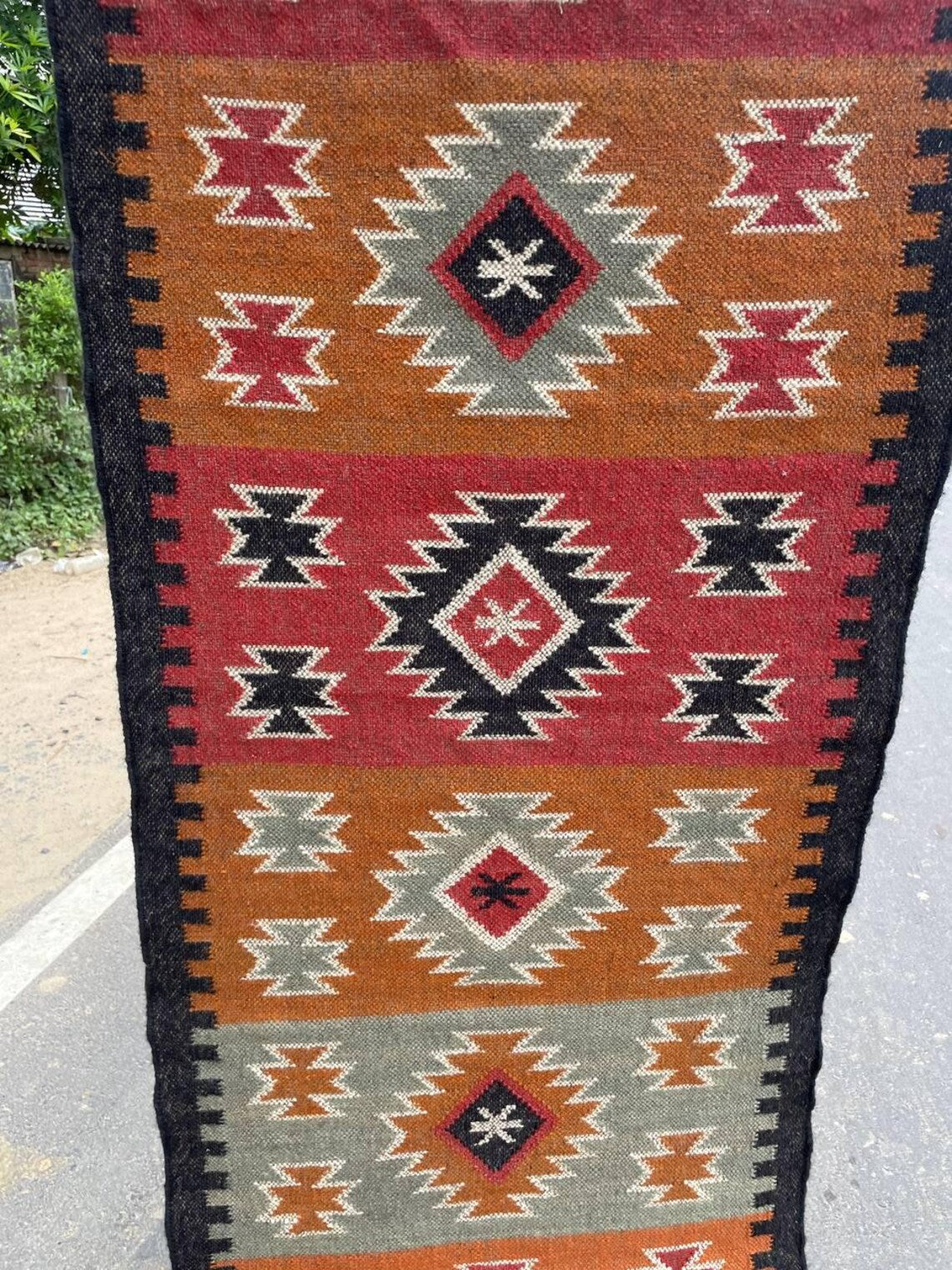 Handwoven Wool Jute Kilim Runner Geometric Dhurrie Rug