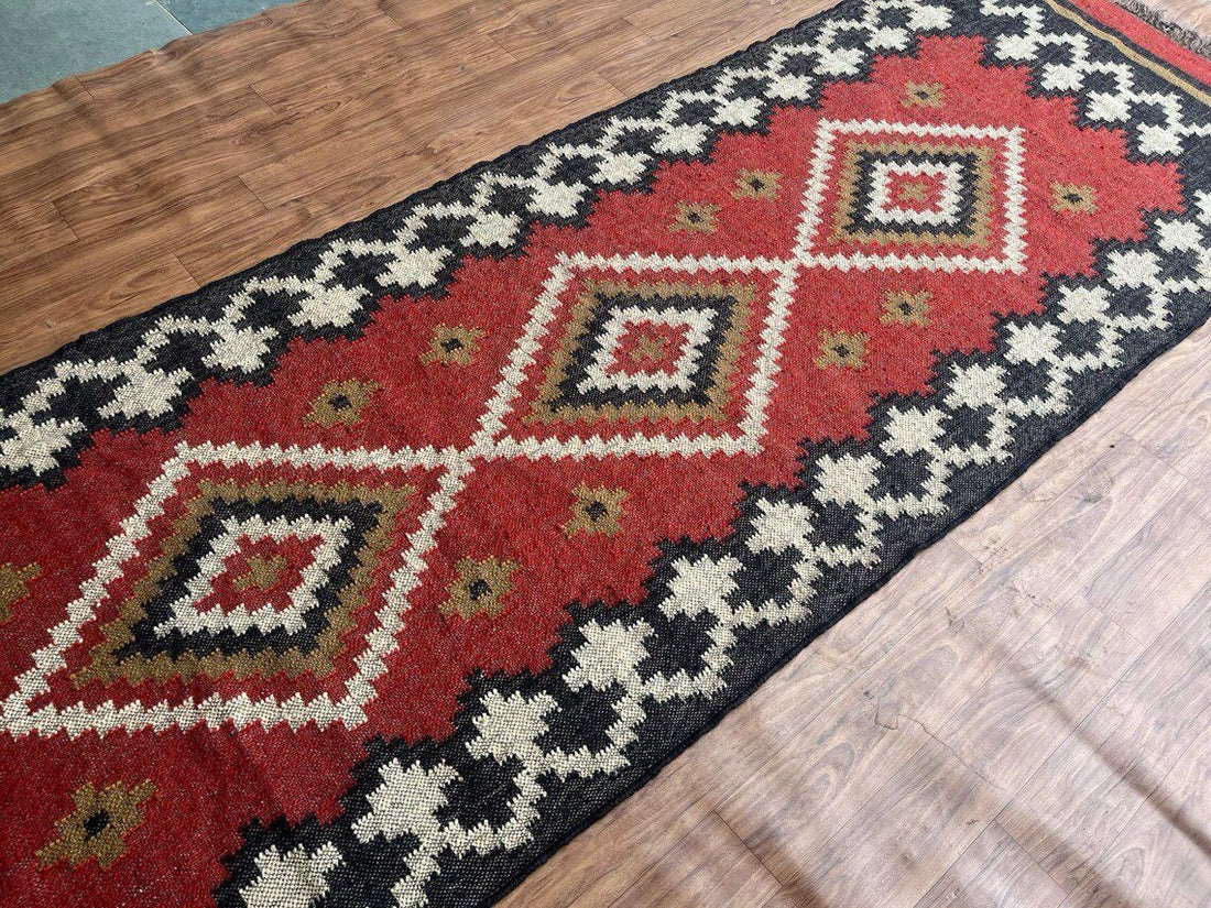 Handwoven Wool Jute Kilim Runner Oriental Geometric Rug