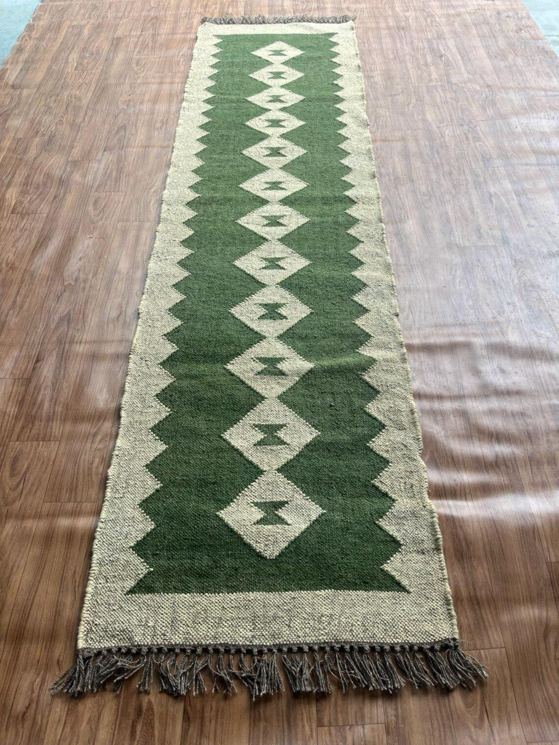 Handwoven Wool Jute Kilim Long Runner with Vintage Tribal Geometric Patterns