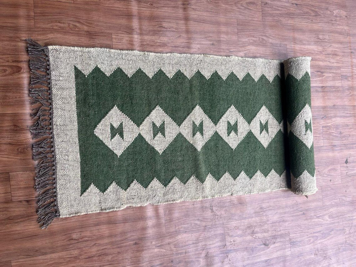 Handwoven Wool Jute Kilim Long Runner with Vintage Tribal Geometric Patterns