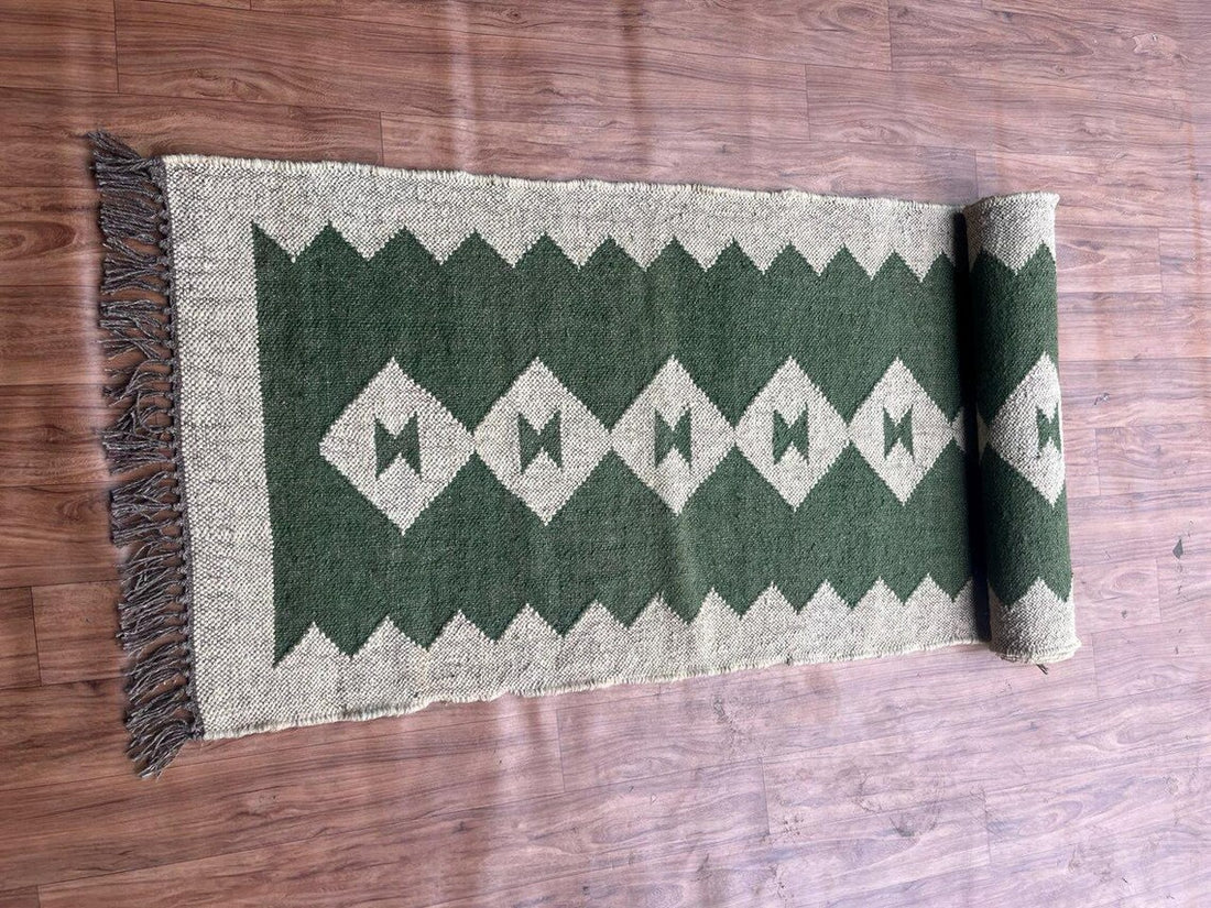Handwoven Wool Jute Kilim Long Runner with Vintage Tribal Geometric Patterns