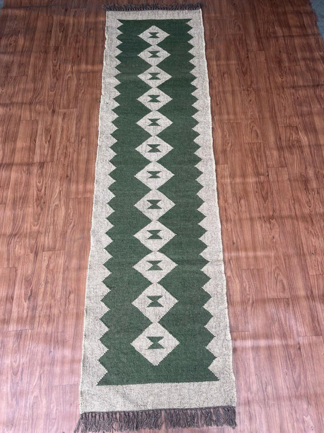 Handwoven Wool Jute Kilim Long Runner with Vintage Tribal Geometric Patterns