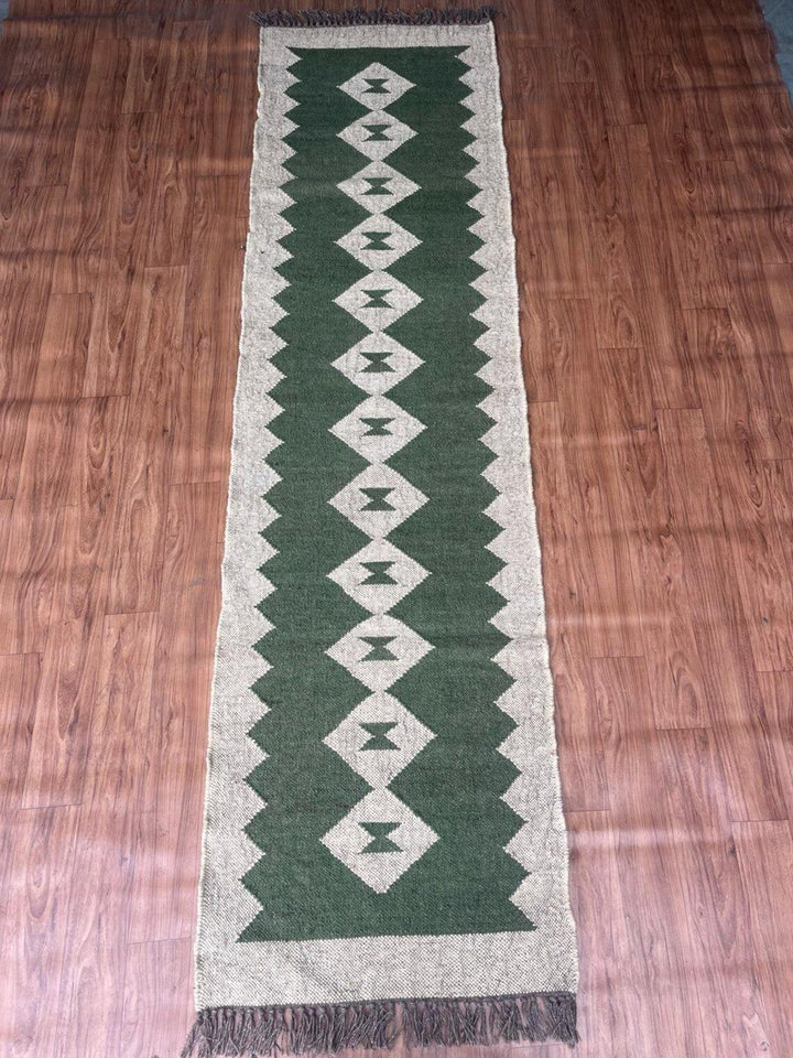 Handwoven Wool Jute Kilim Long Runner with Vintage Tribal Geometric Patterns