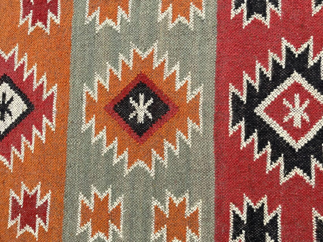 Handwoven Wool Jute Kilim Runner Geometric Dhurrie Rug