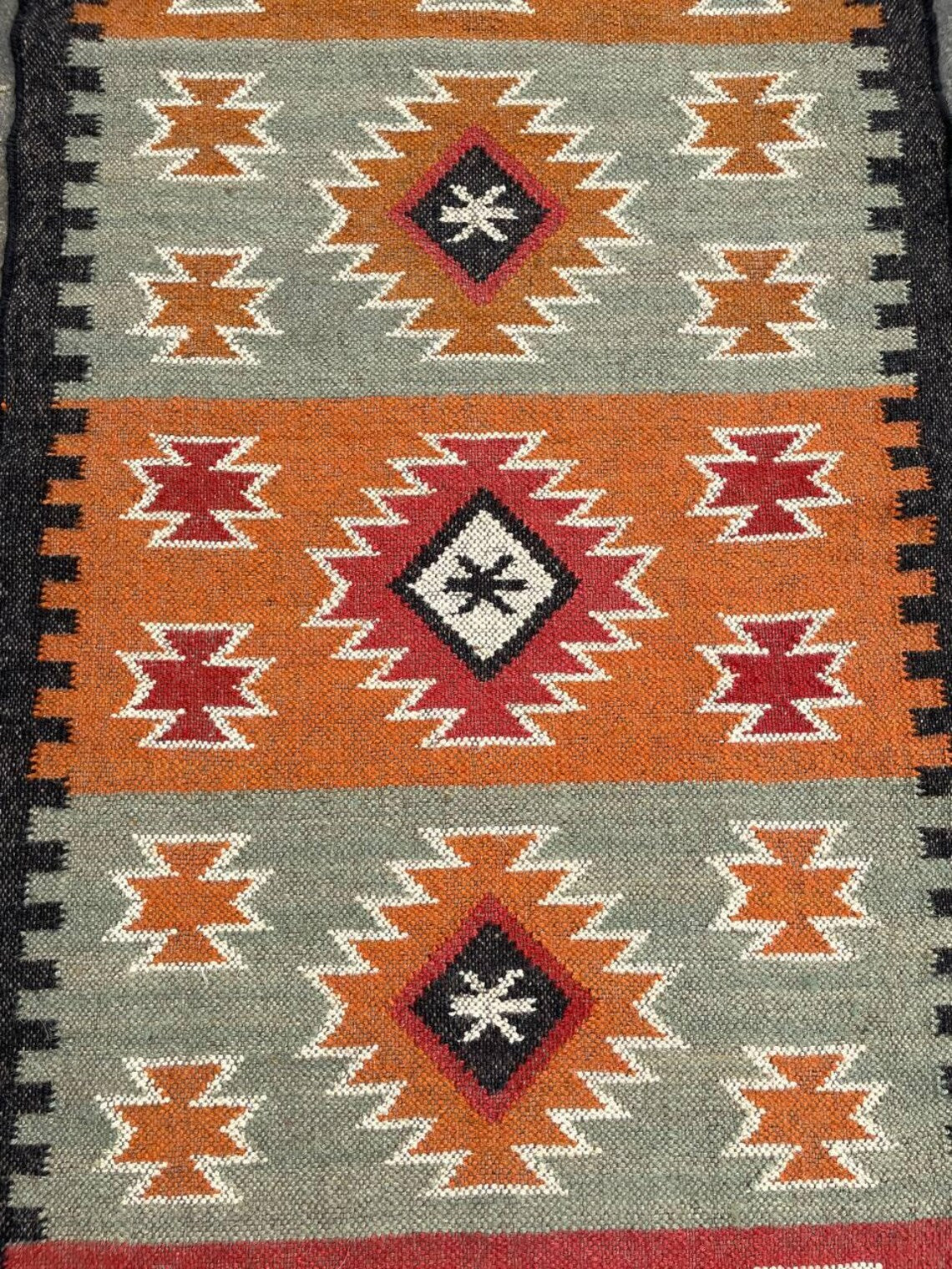 Handwoven Wool Jute Kilim Runner Geometric Dhurrie Rug