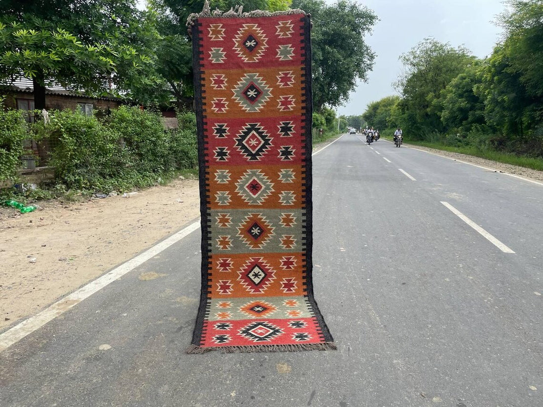Handwoven Wool Jute Kilim Runner Geometric Dhurrie Rug