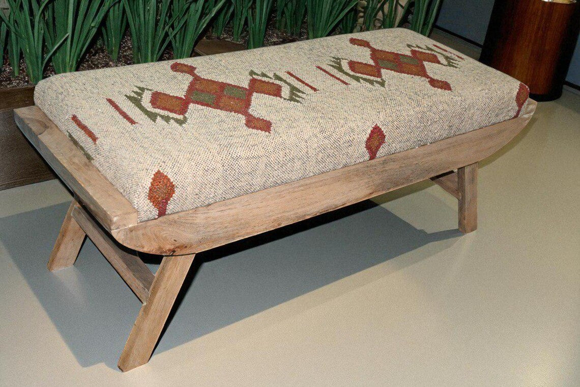 Wooden Folding Kilim Rug Bench – Handmade Boho Ottoman