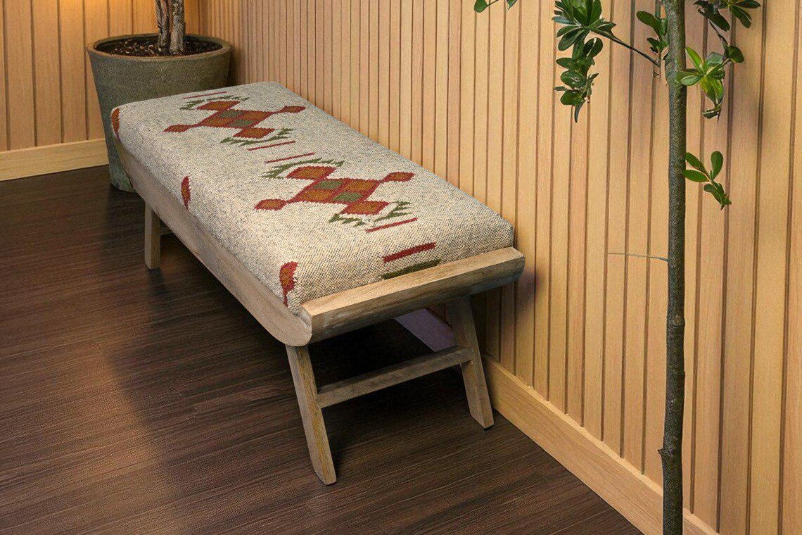 Wooden Folding Kilim Rug Bench – Handmade Boho Ottoman
