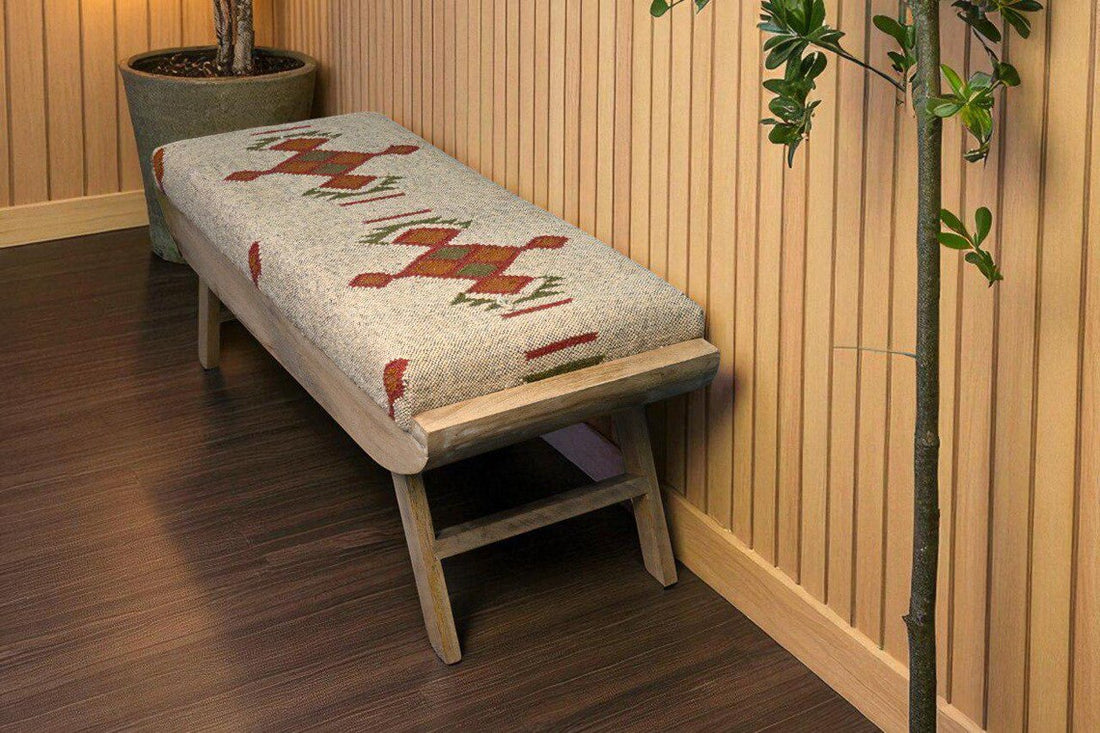 Wooden Folding Kilim Rug Bench – Handmade Boho Ottoman