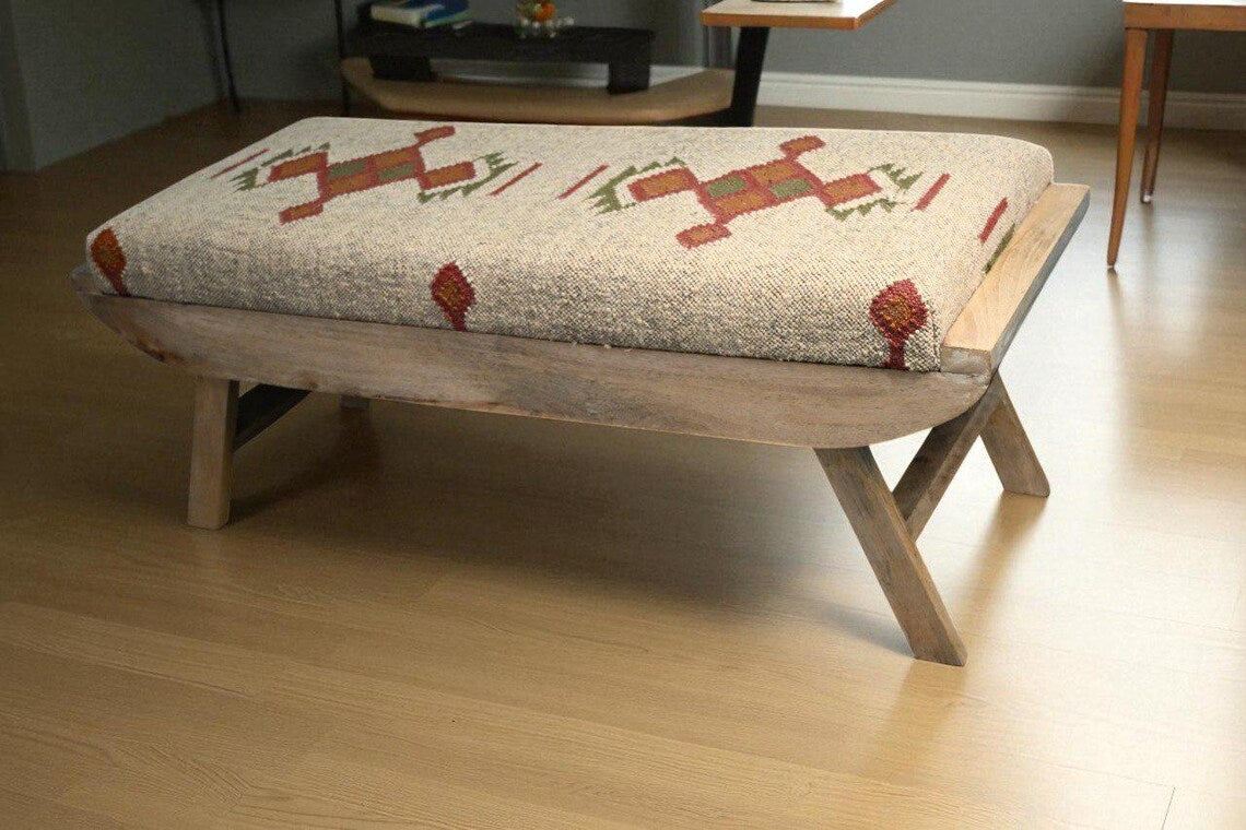 Wooden Folding Kilim Rug Bench – Handmade Boho Ottoman