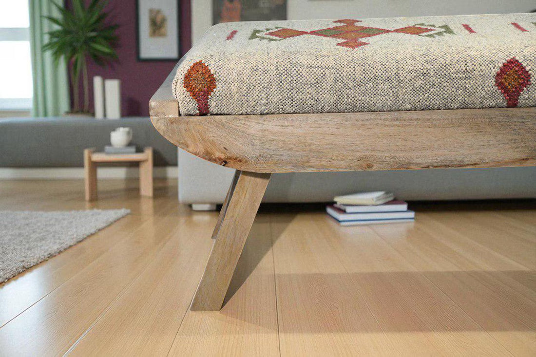 Wooden Folding Kilim Rug Bench – Handmade Boho Ottoman
