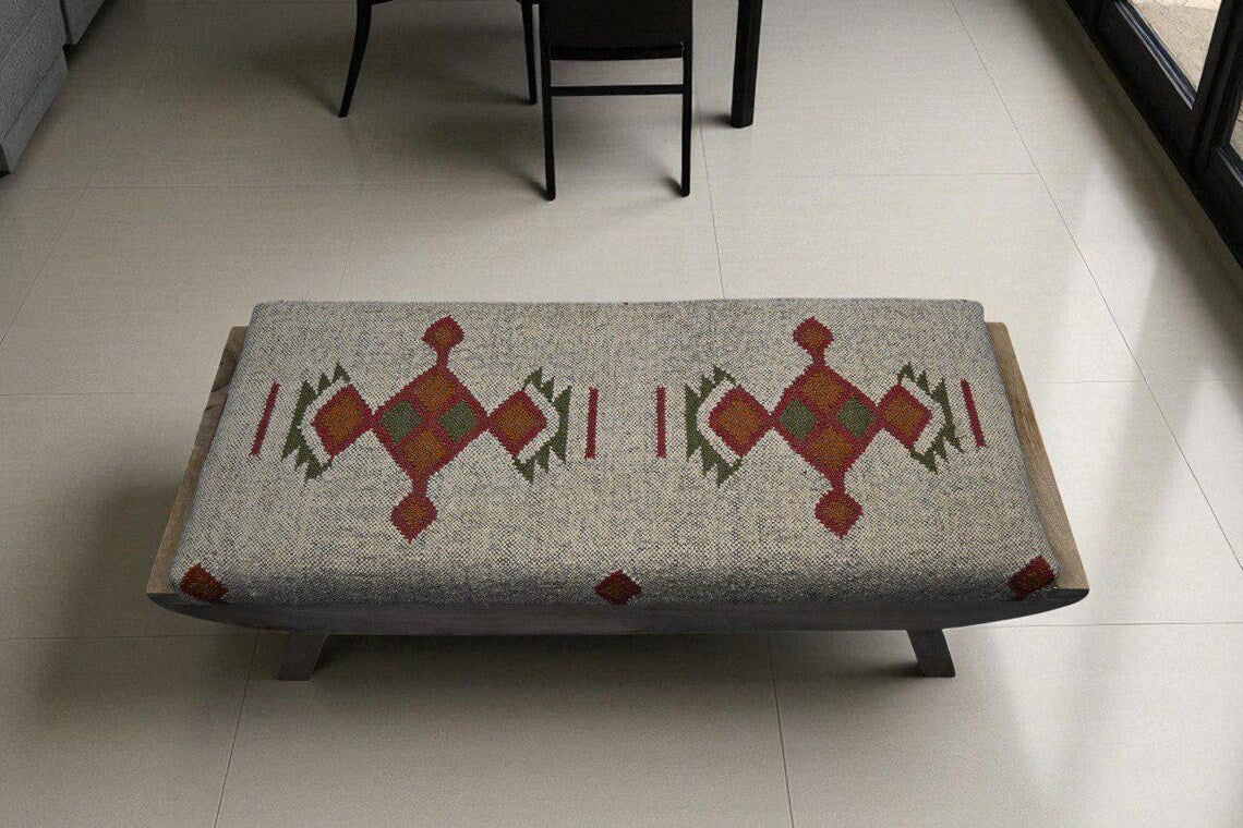 Wooden Folding Kilim Rug Bench – Handmade Boho Ottoman