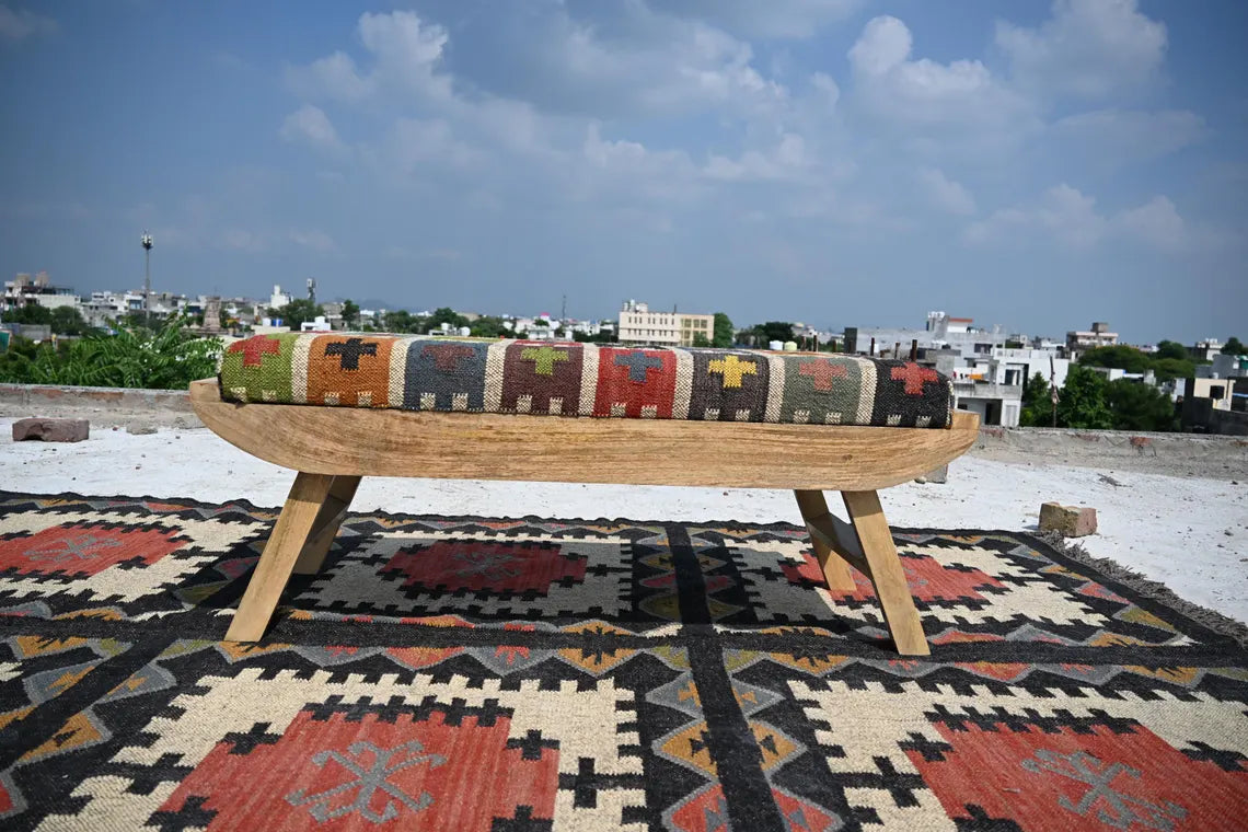 Wooden Folding Kilim Rug Bench – Boho Ottoman Seat