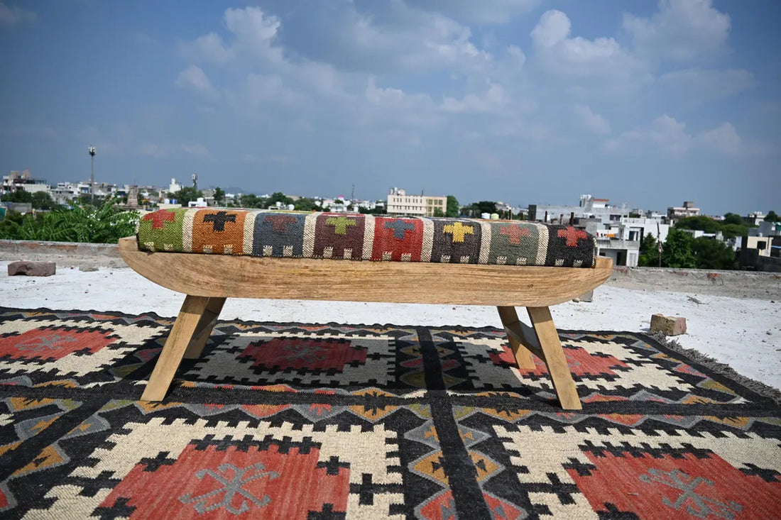 Wooden Folding Kilim Rug Bench – Boho Ottoman Seat