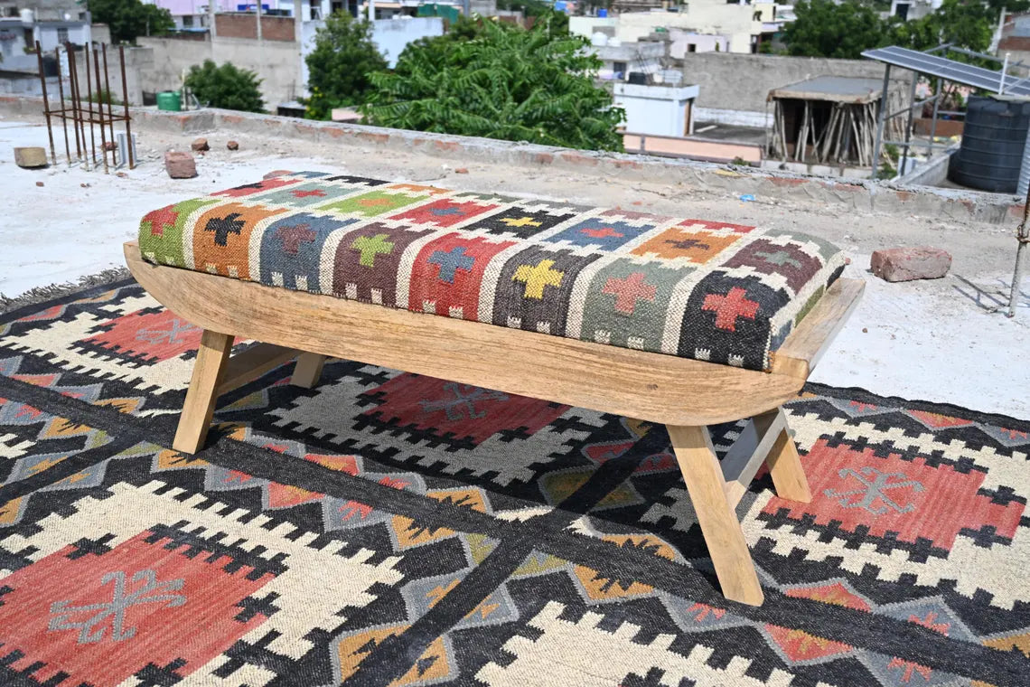 Wooden Folding Kilim Rug Bench – Boho Ottoman Seat