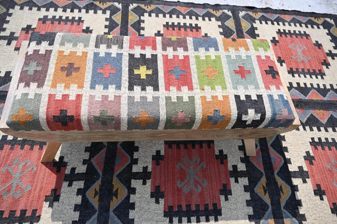 Wooden Folding Kilim Rug Bench – Boho Ottoman Seat