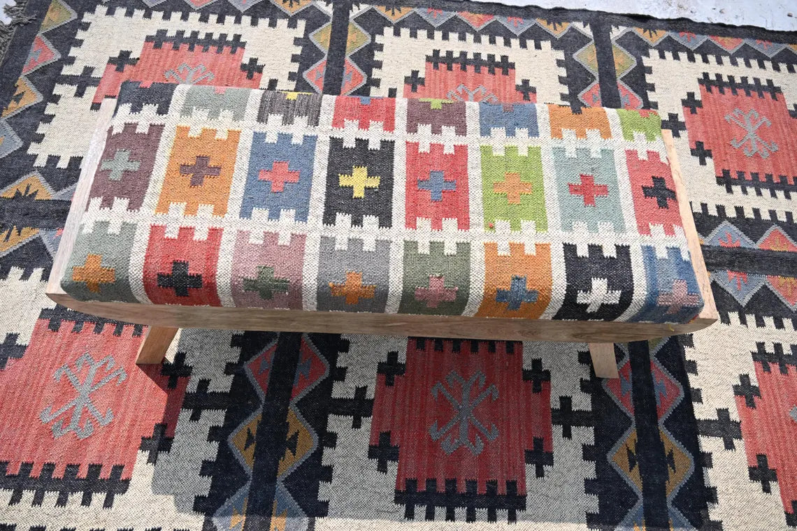 Wooden Folding Kilim Rug Bench – Boho Ottoman Seat