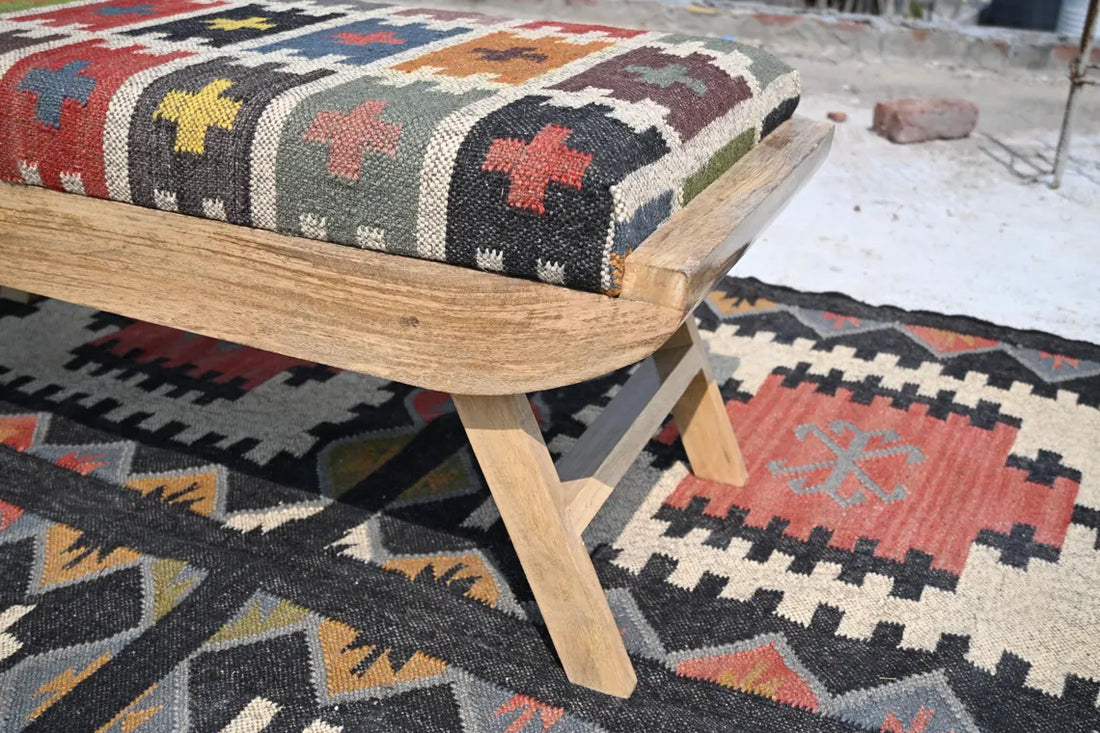 Wooden Folding Kilim Rug Bench – Boho Ottoman Seat