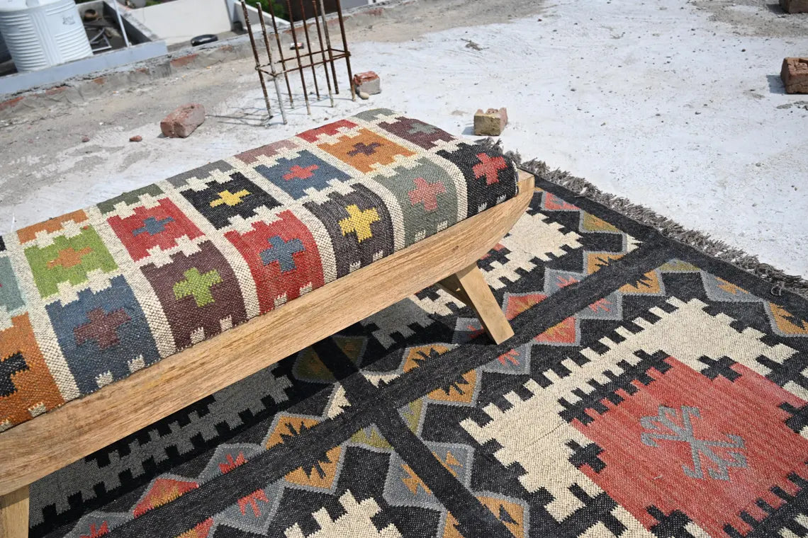 Wooden Folding Kilim Rug Bench – Boho Ottoman Seat