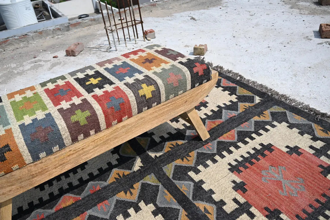 Wooden Folding Kilim Rug Bench – Boho Ottoman Seat