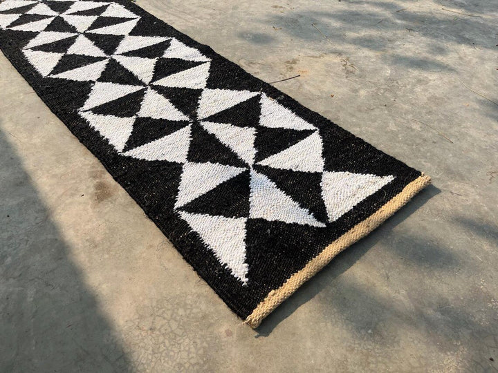 Handwoven Hemp Jute Runner with Black Natural Cross Motifs in Traditional Loomed Style