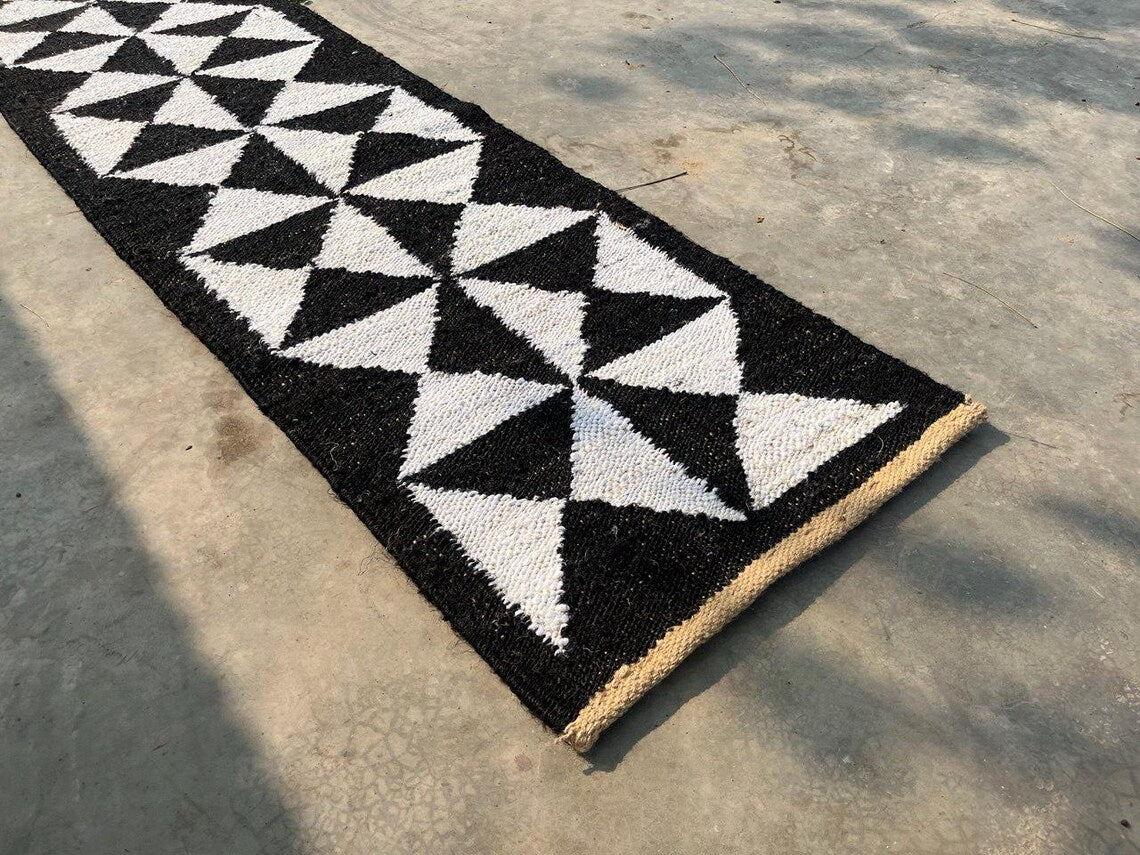 Handwoven Hemp Jute Runner with Black Natural Cross Motifs in Traditional Loomed Style
