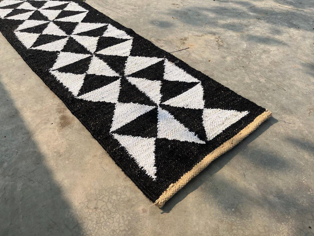 Handwoven Hemp Jute Runner with Black Natural Cross Motifs in Traditional Loomed Style