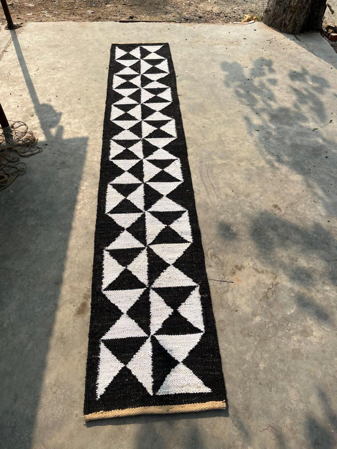 Handwoven Hemp Jute Runner with Black Natural Cross Motifs in Traditional Loomed Style