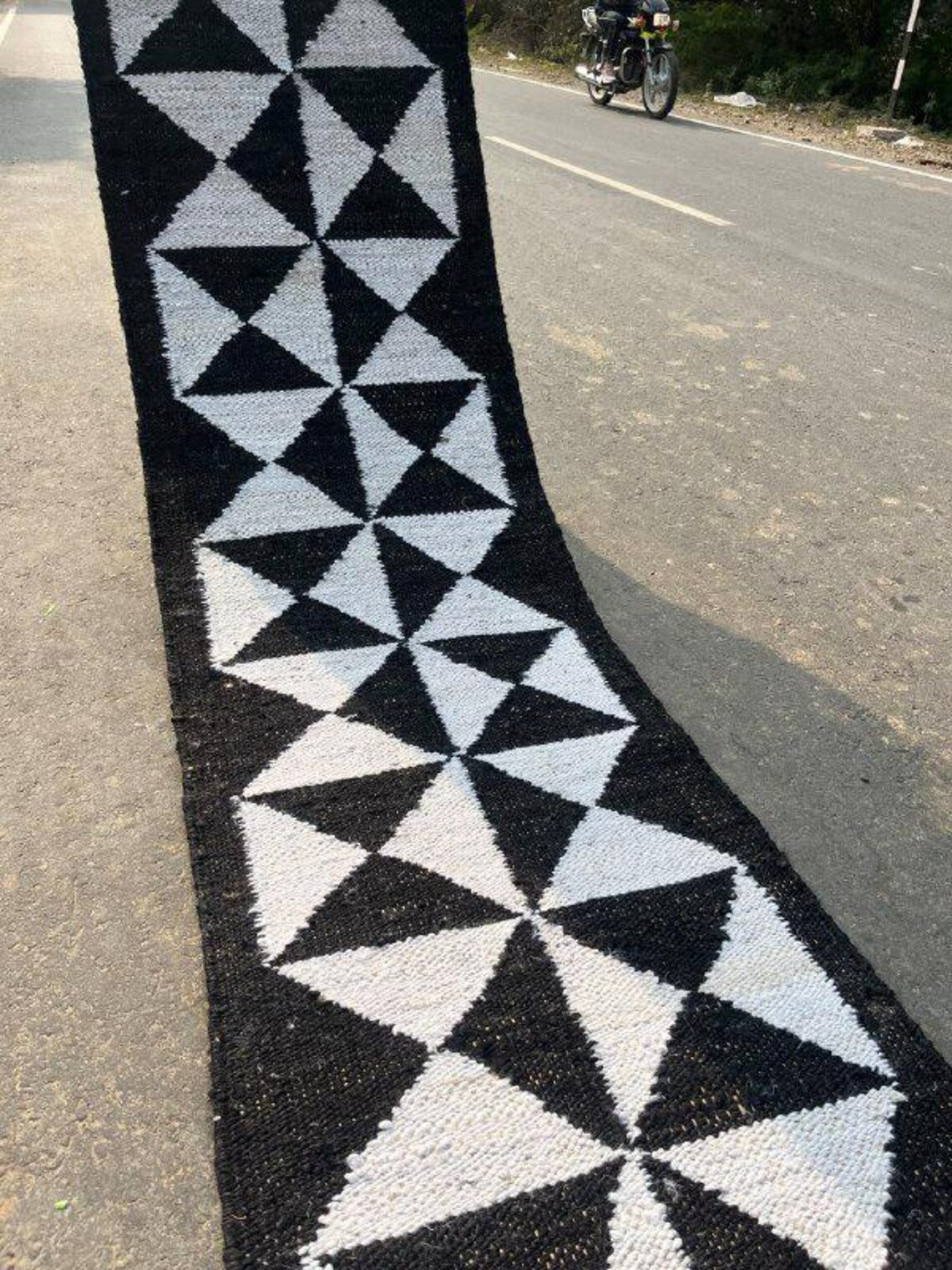 Handwoven Hemp Jute Runner with Black Natural Cross Motifs in Traditional Loomed Style