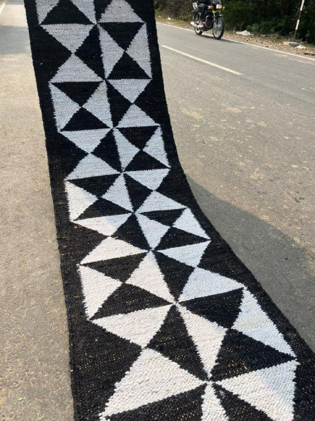 Handwoven Hemp Jute Runner with Black Natural Cross Motifs in Traditional Loomed Style