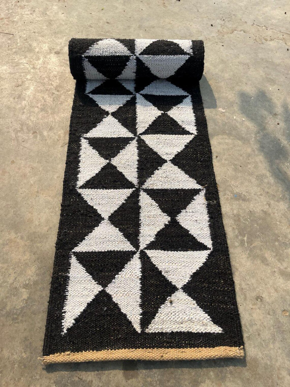 Handwoven Hemp Jute Runner with Black Natural Cross Motifs in Traditional Loomed Style
