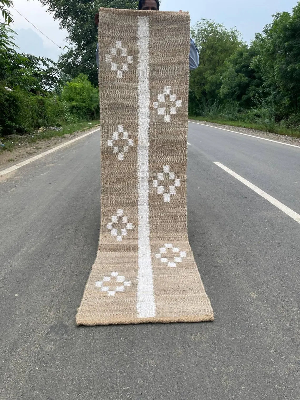 Handwoven Hemp Jute Runner Black Off White Decorative Dhurrie Rug