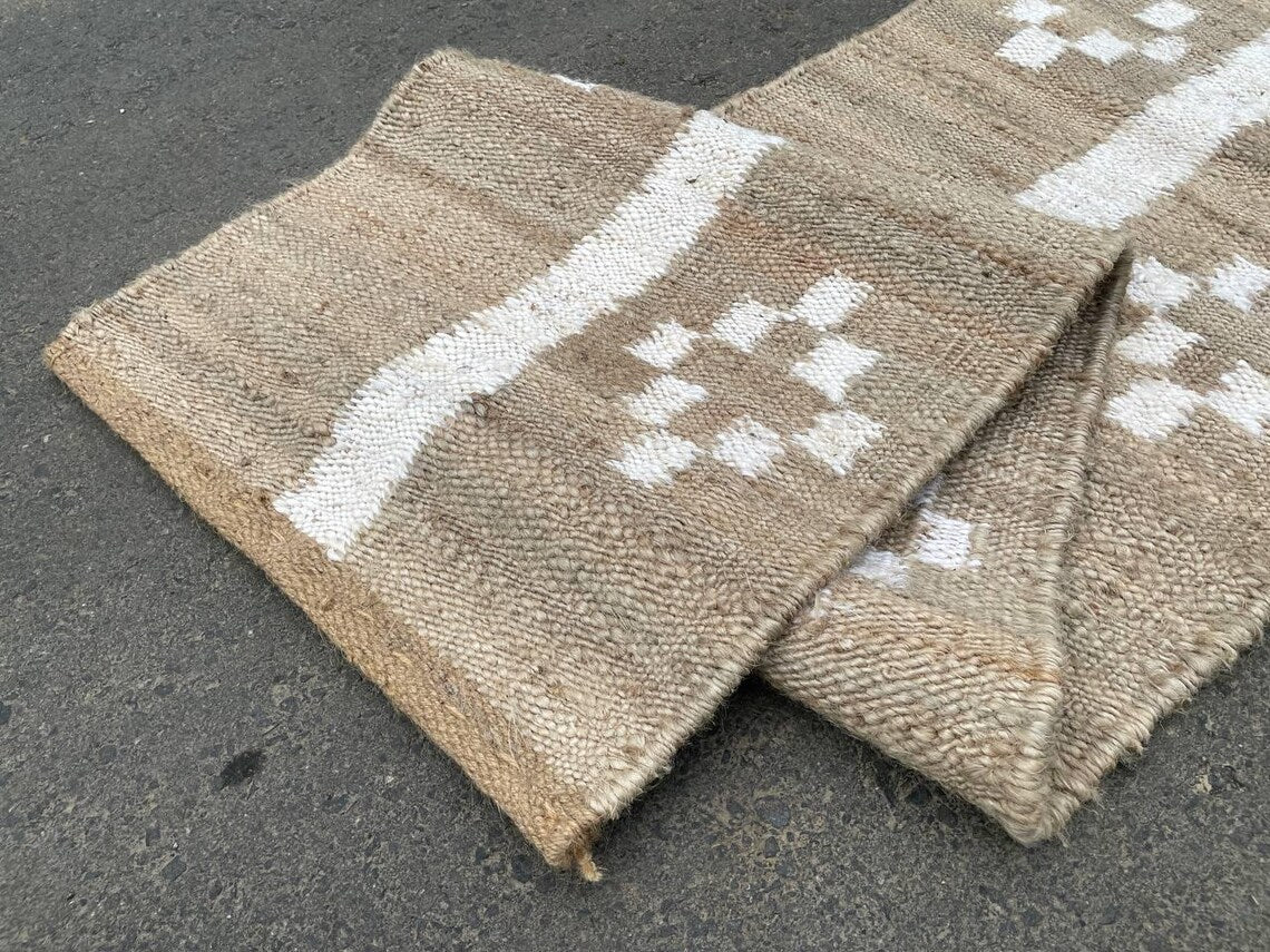 Handwoven Black & White Jute Hemp Runner with Textured Piano Stripe Pattern for Rustic