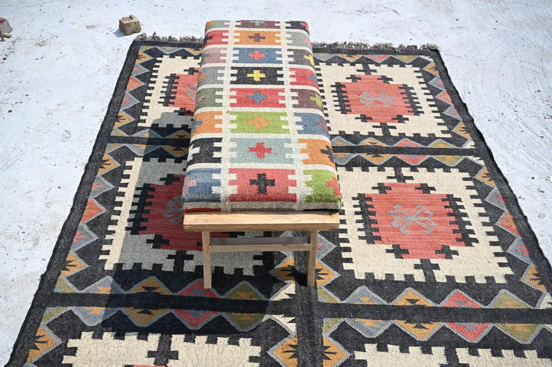 Wooden Folding Kilim Rug Bench – Boho Ottoman Seat