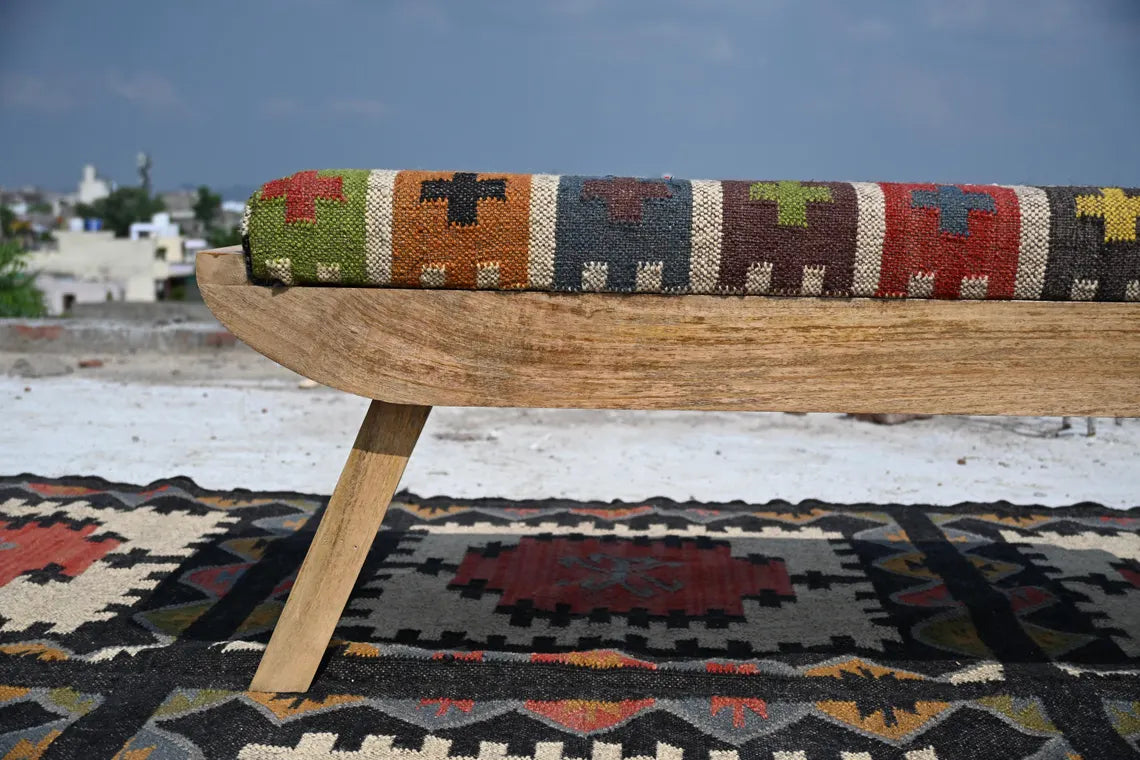 Wooden Folding Kilim Rug Bench – Boho Ottoman Seat