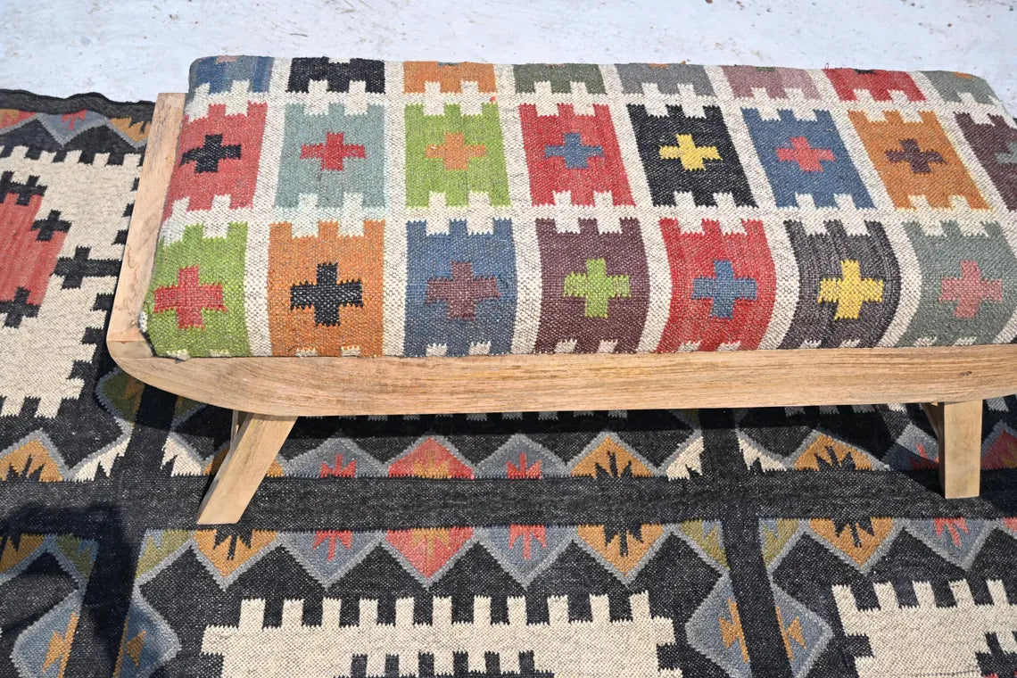 Wooden Folding Kilim Rug Bench – Boho Ottoman Seat