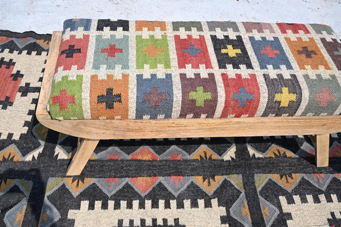 Wooden Folding Kilim Rug Bench – Boho Ottoman Seat