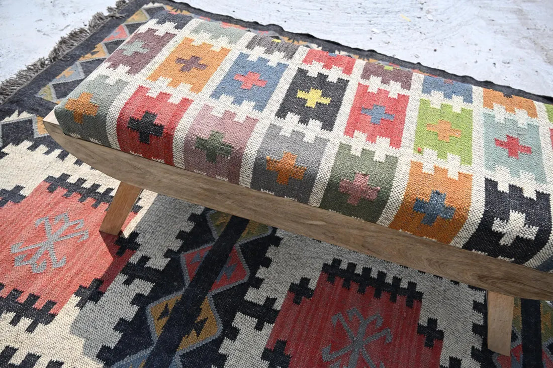 Wooden Folding Kilim Rug Bench – Boho Ottoman Seat