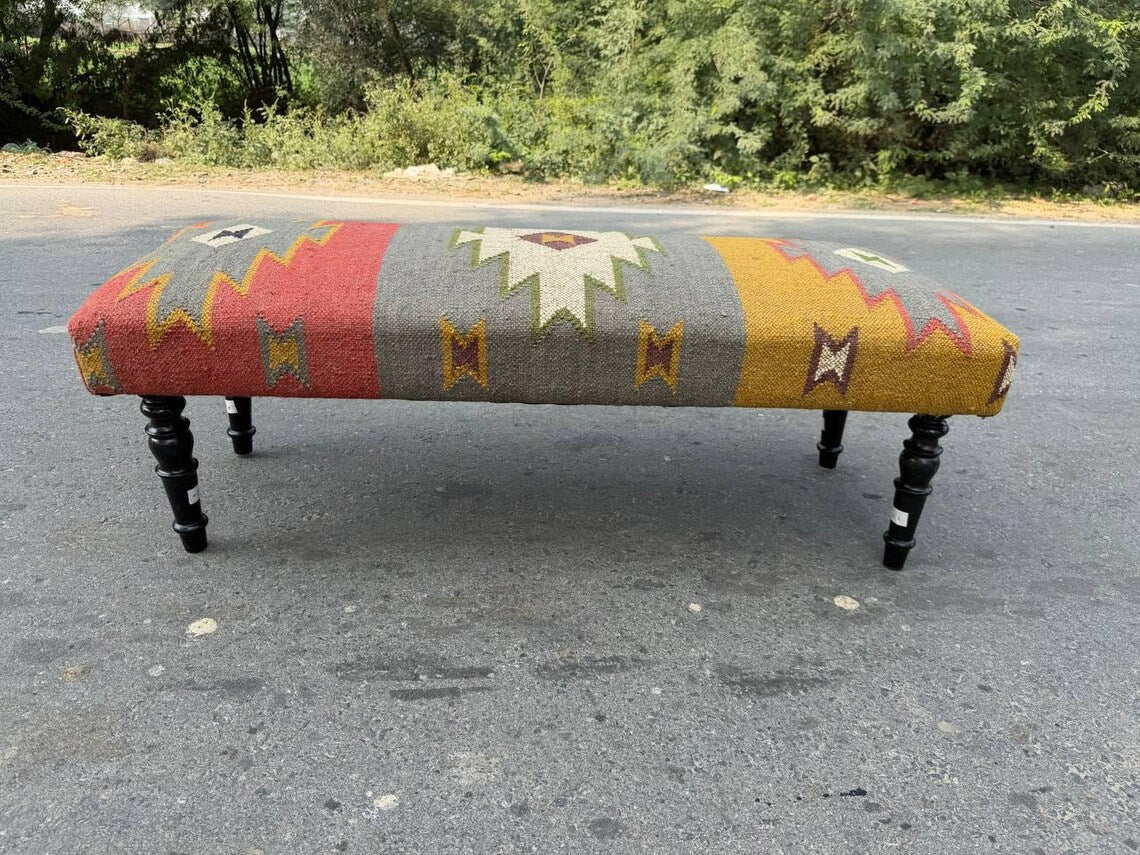 Handmade Wool Jute Kilim Rug Bench – Wooden Upholstered Ottoman Seat