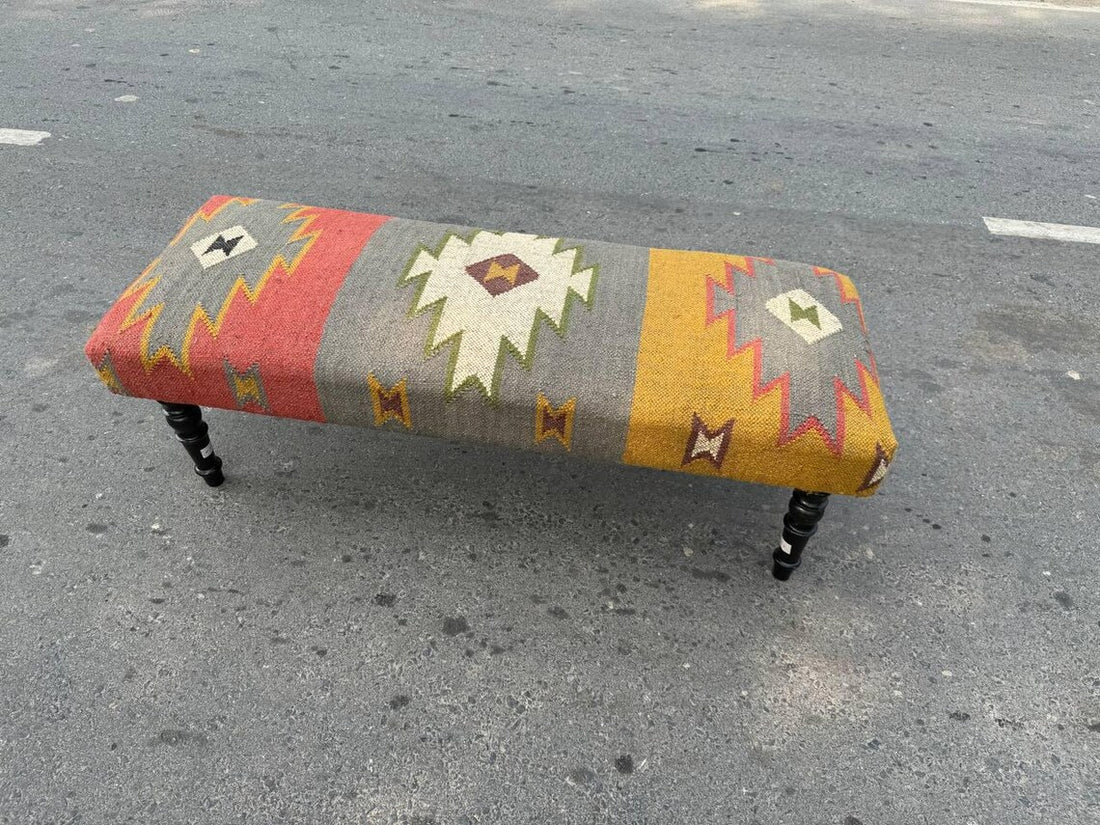 Handmade Wool Jute Kilim Rug Bench – Wooden Upholstered Ottoman Seat