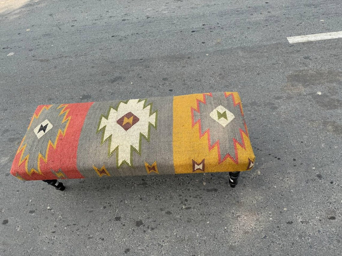 Handmade Wool Jute Kilim Rug Bench – Wooden Upholstered Ottoman Seat