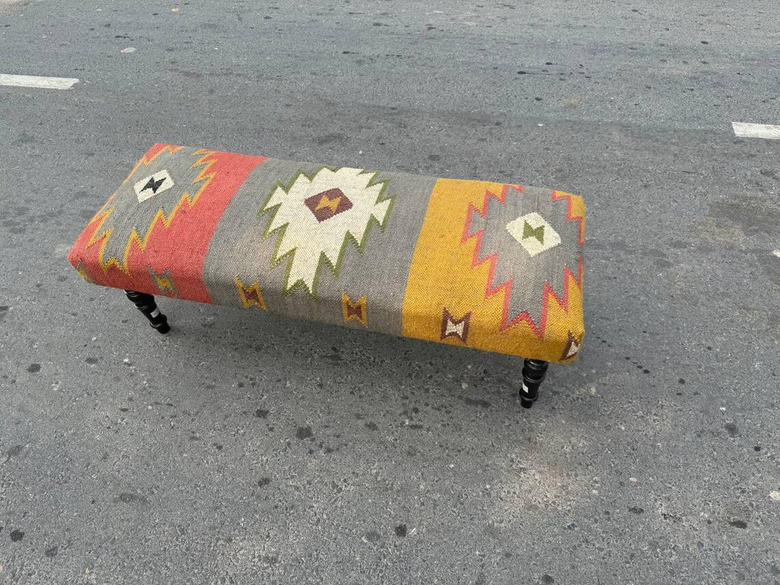 Handmade Wool Jute Kilim Rug Bench – Wooden Upholstered Ottoman Seat
