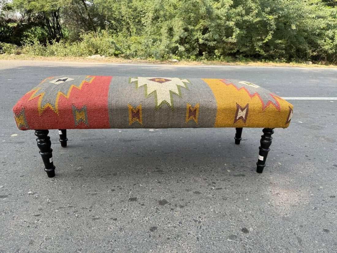 Handmade Wool Jute Kilim Rug Bench – Wooden Upholstered Ottoman Seat