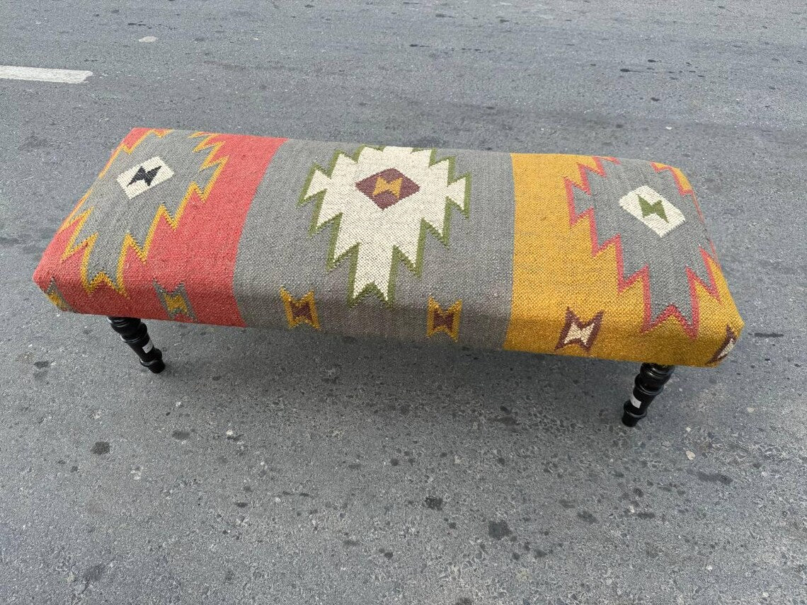 Handmade Wool Jute Kilim Rug Bench – Wooden Upholstered Ottoman Seat