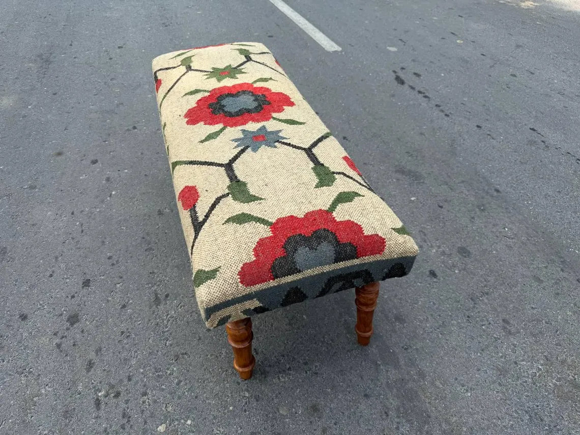Kilim Flower Pattern Bench – Handmade Wool Jute Wooden Ottoman