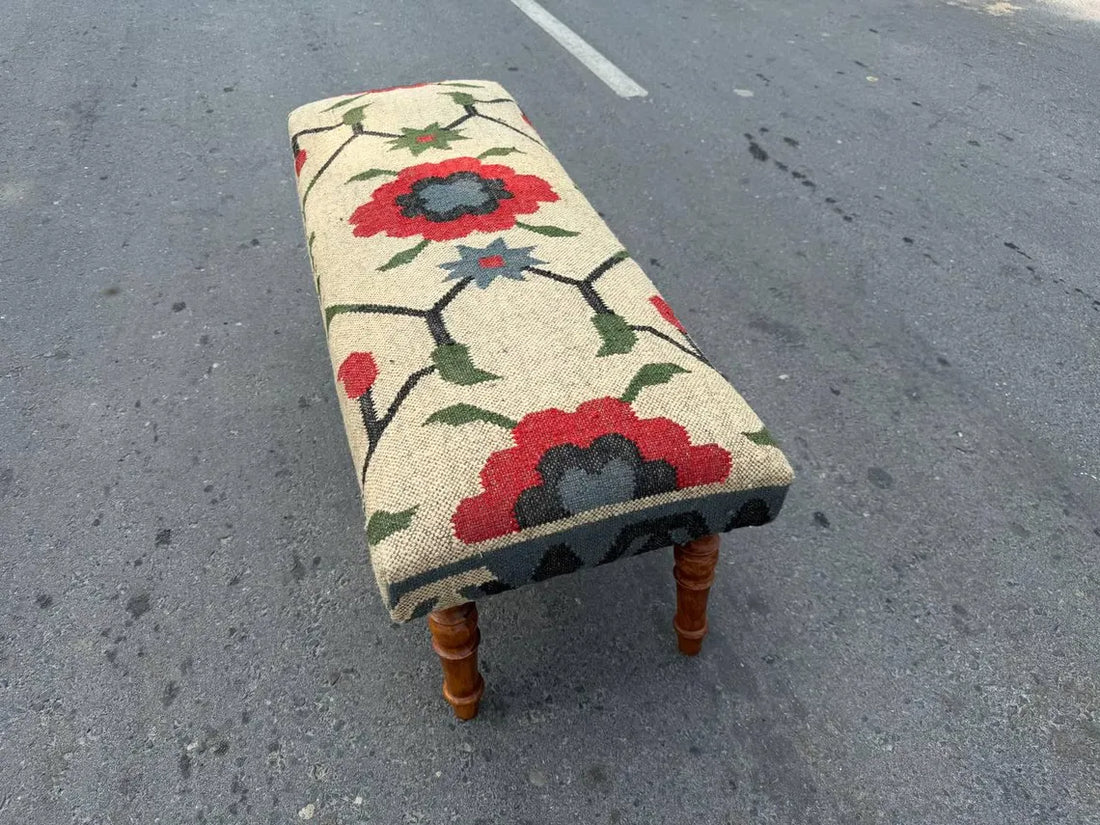 Kilim Flower Pattern Bench – Handmade Wool Jute Wooden Ottoman
