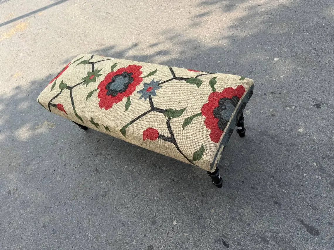 Kilim Flower Pattern Bench – Handmade Wool Jute Wooden Ottoman