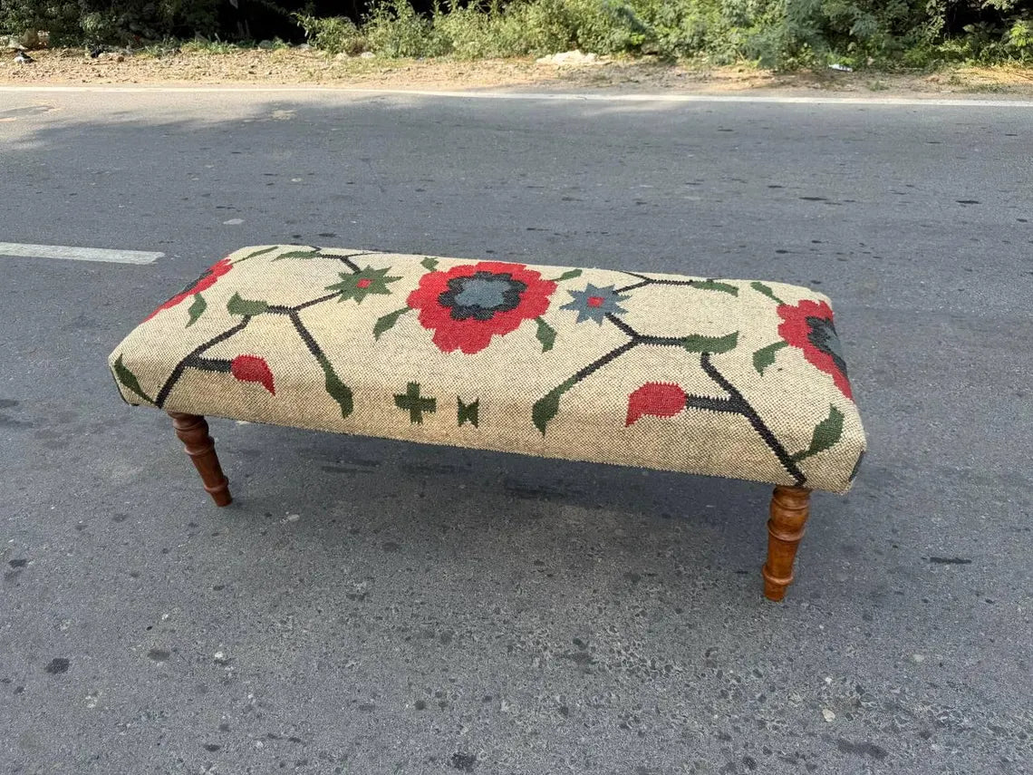 Kilim Flower Pattern Bench – Handmade Wool Jute Wooden Ottoman